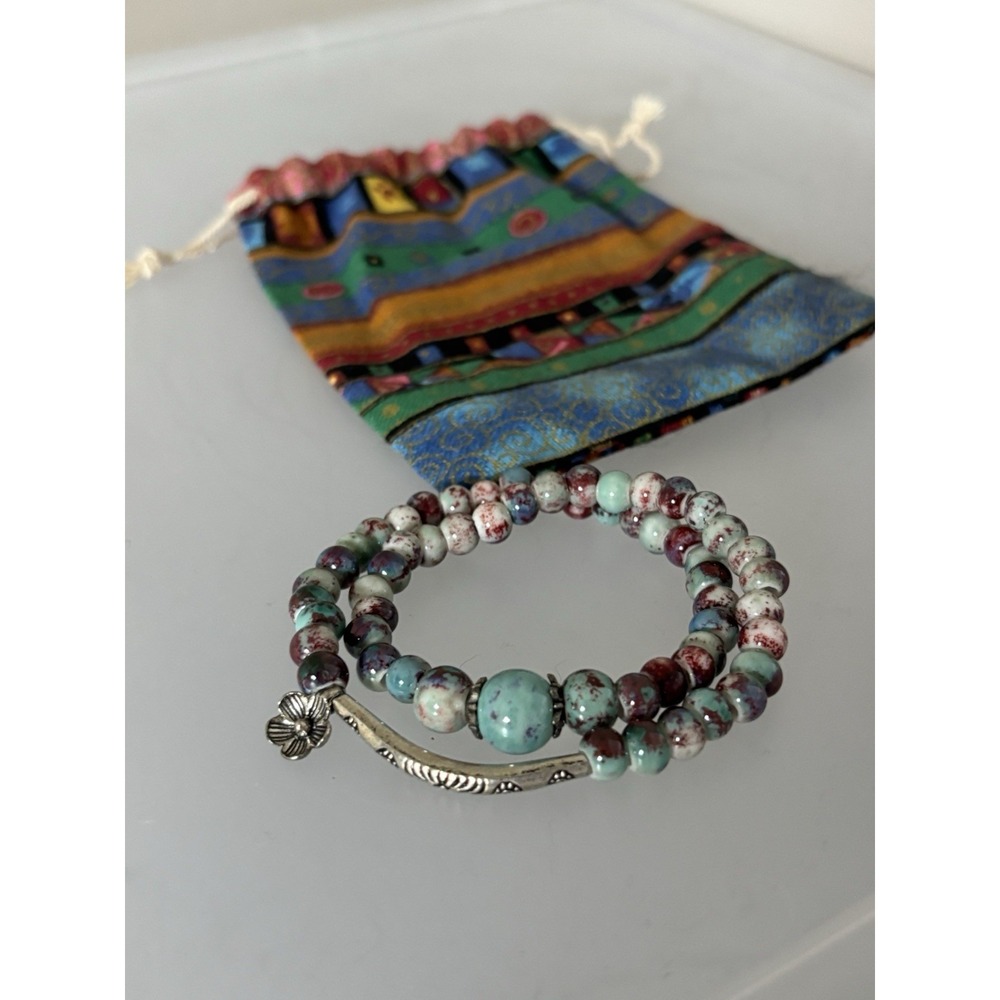 Boho Double Wrap Beaded Bracelet With Silver Bar And Flower Charm